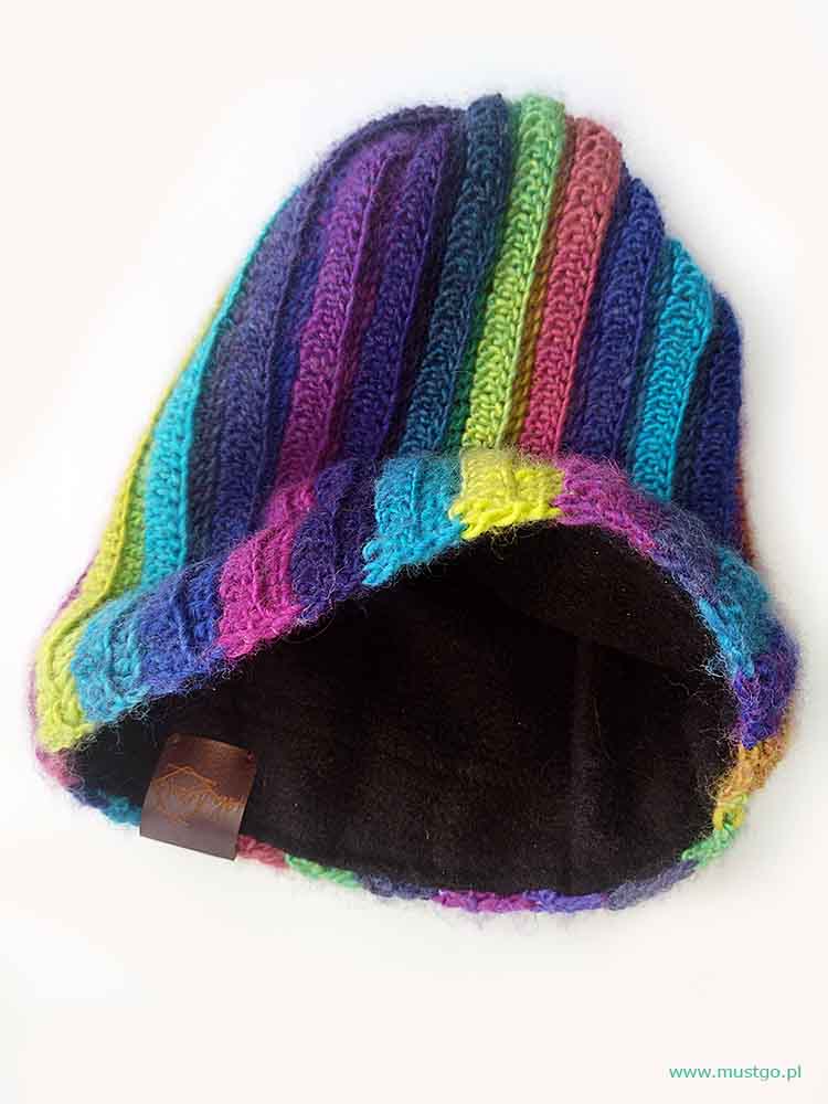 Zimowa, wełniana czapka damska, kolekcja Rainbow, tęczowa